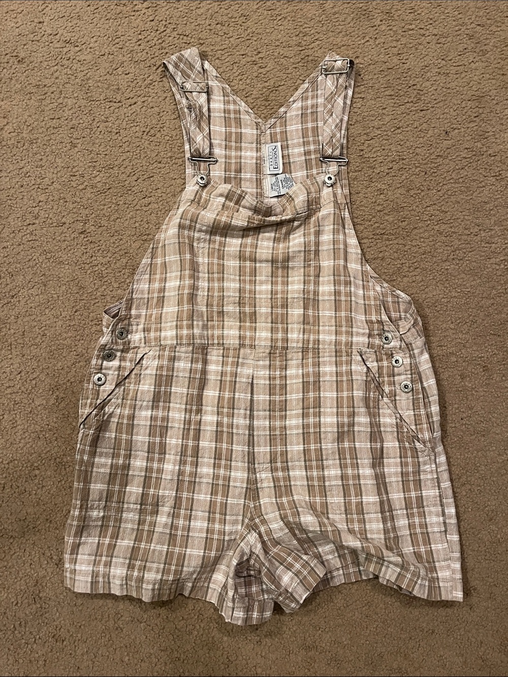 Basic Editions Tan Plaid Short Overalls - Beige & White